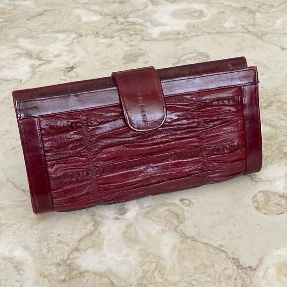 NEW! Vintage Eel Skin Large Wallet Burgundy Red - Picture 1 of 13